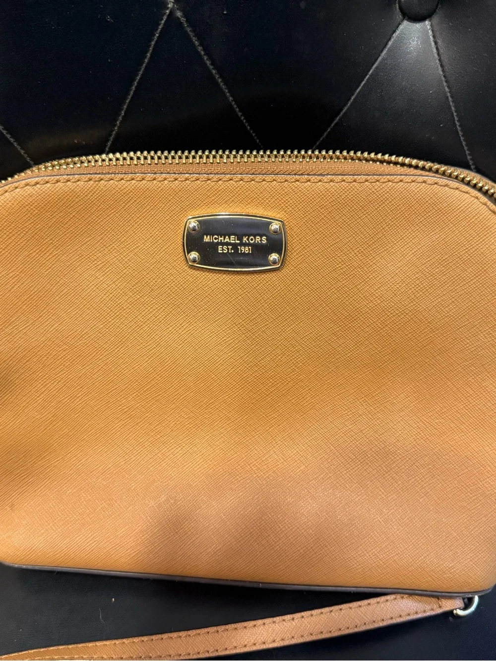 Michael Kors Camel/Tan Saffiano Leather Crossbody Bag with Gold Plaque